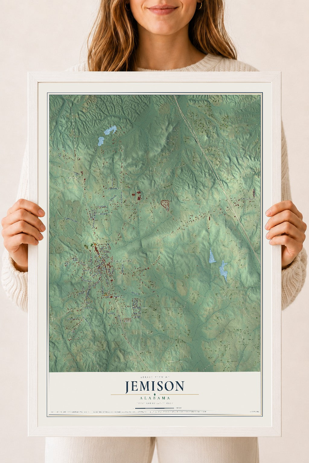 Map of Jemison, Alabama, 18 x 24 inch print in a white wood frame