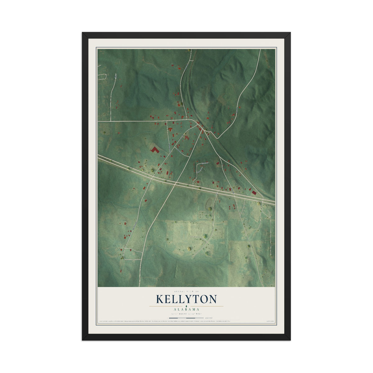 Map of Kellyton, Alabama, 12 x 18 inch print in a black wood frame