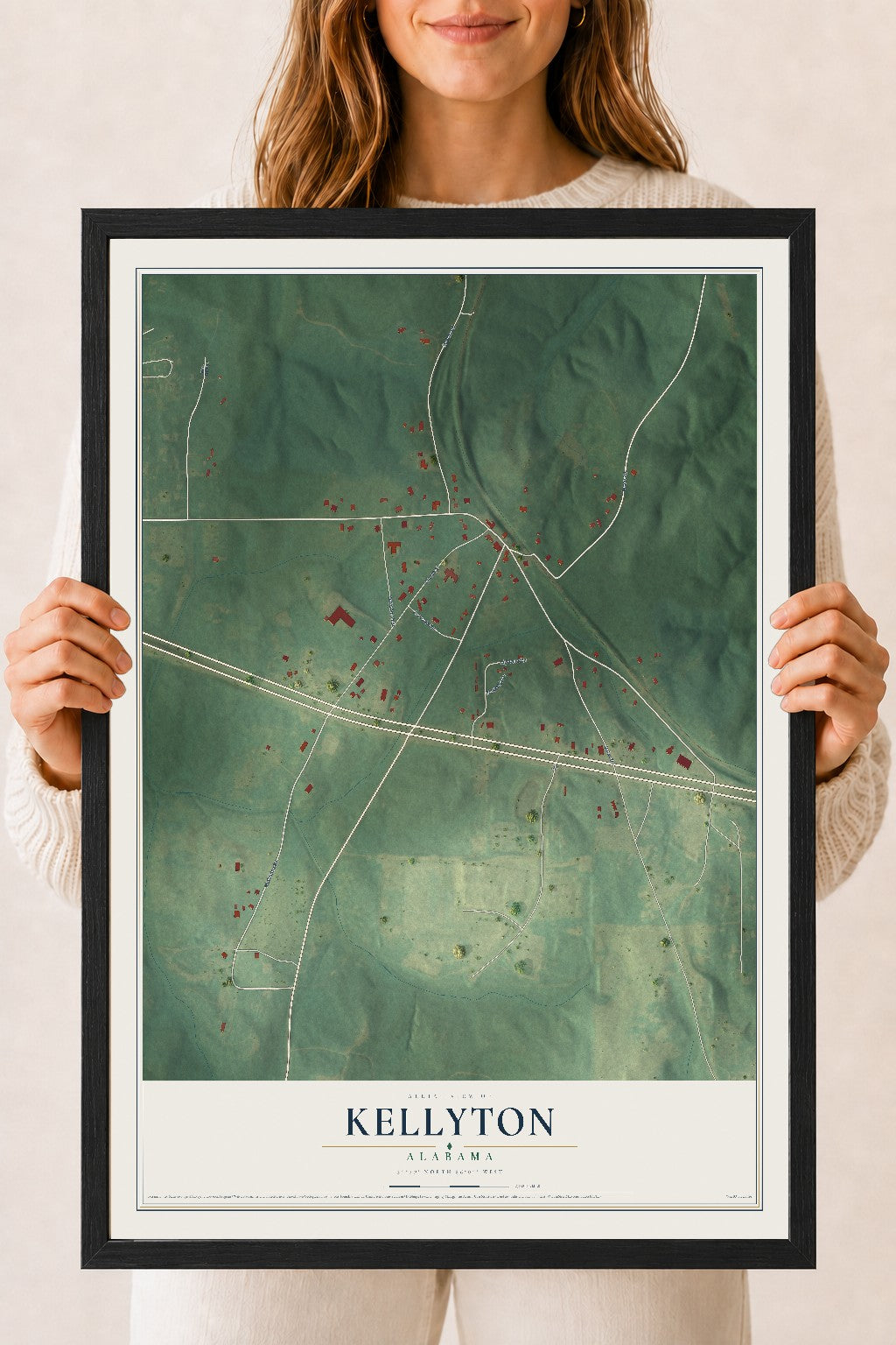 Map of Kellyton, Alabama, 18 x 24 inch print in a black wood frame