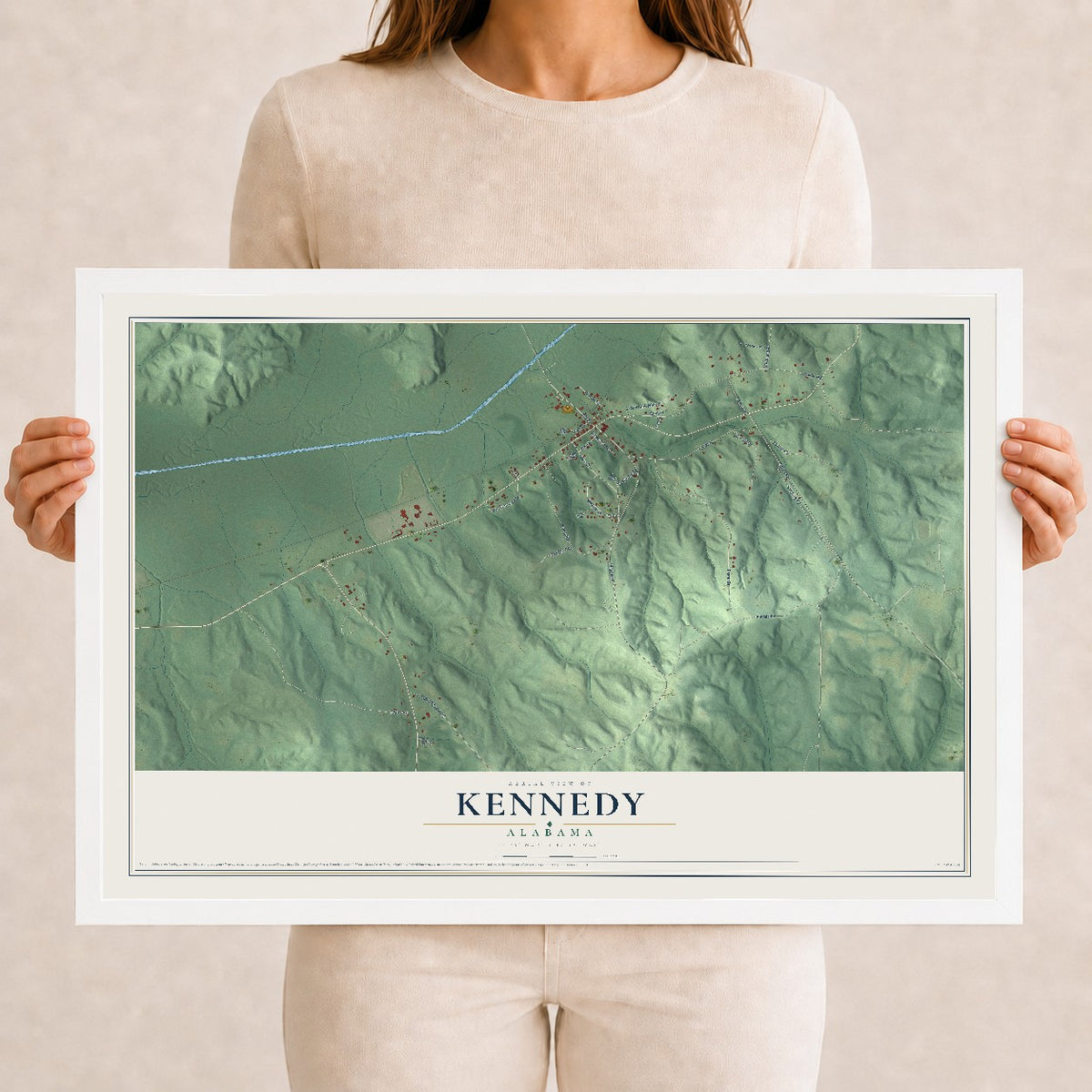 Map of Kennedy, Alabama, 12 x 18 inch print in a white wood frame