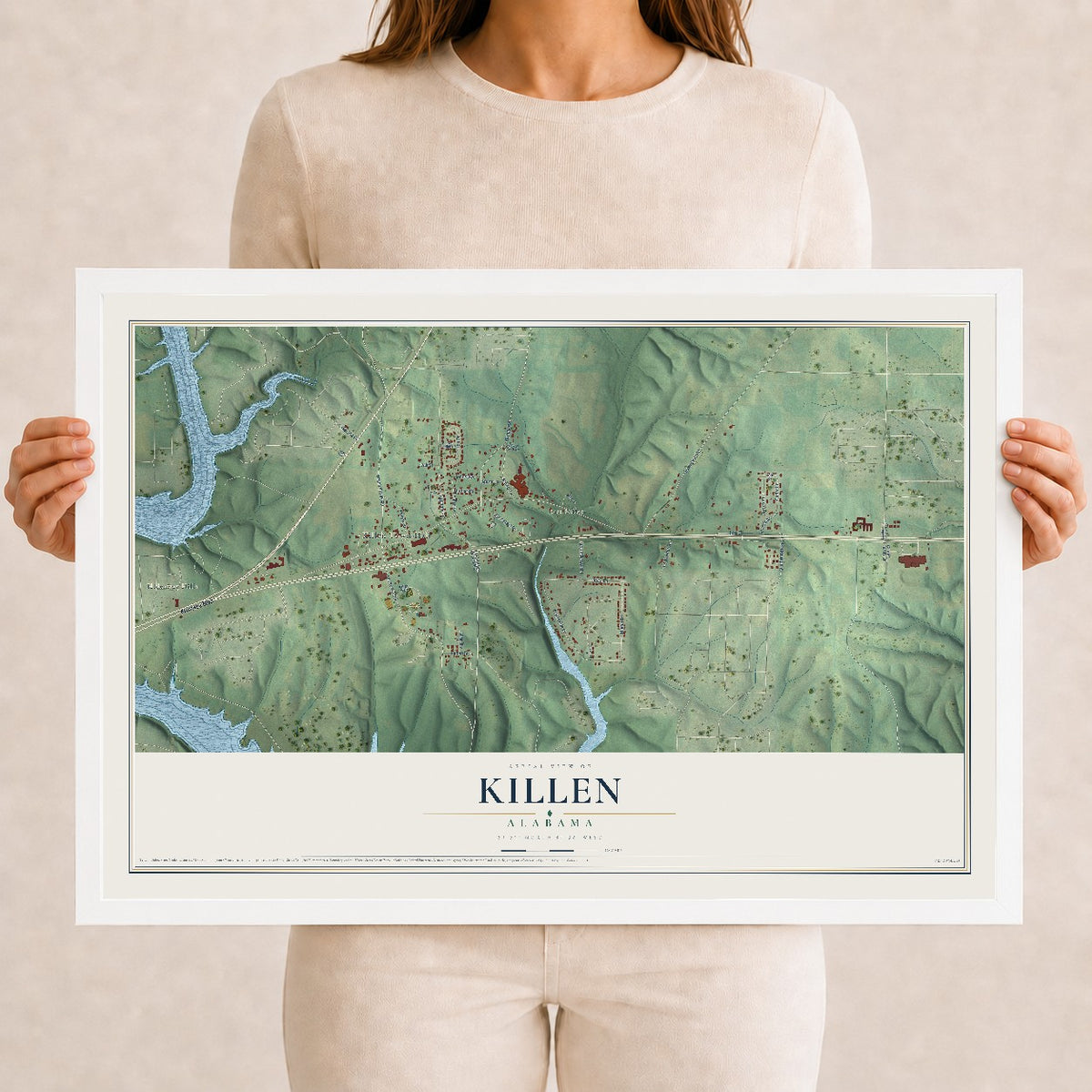 Map of Killen, Alabama, 12 x 18 inch print in a white wood frame