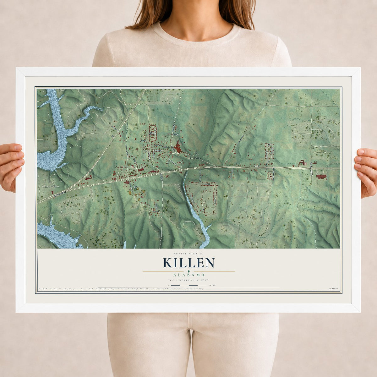 Map of Killen, Alabama, 18 x 24 inch print in a white wood frame