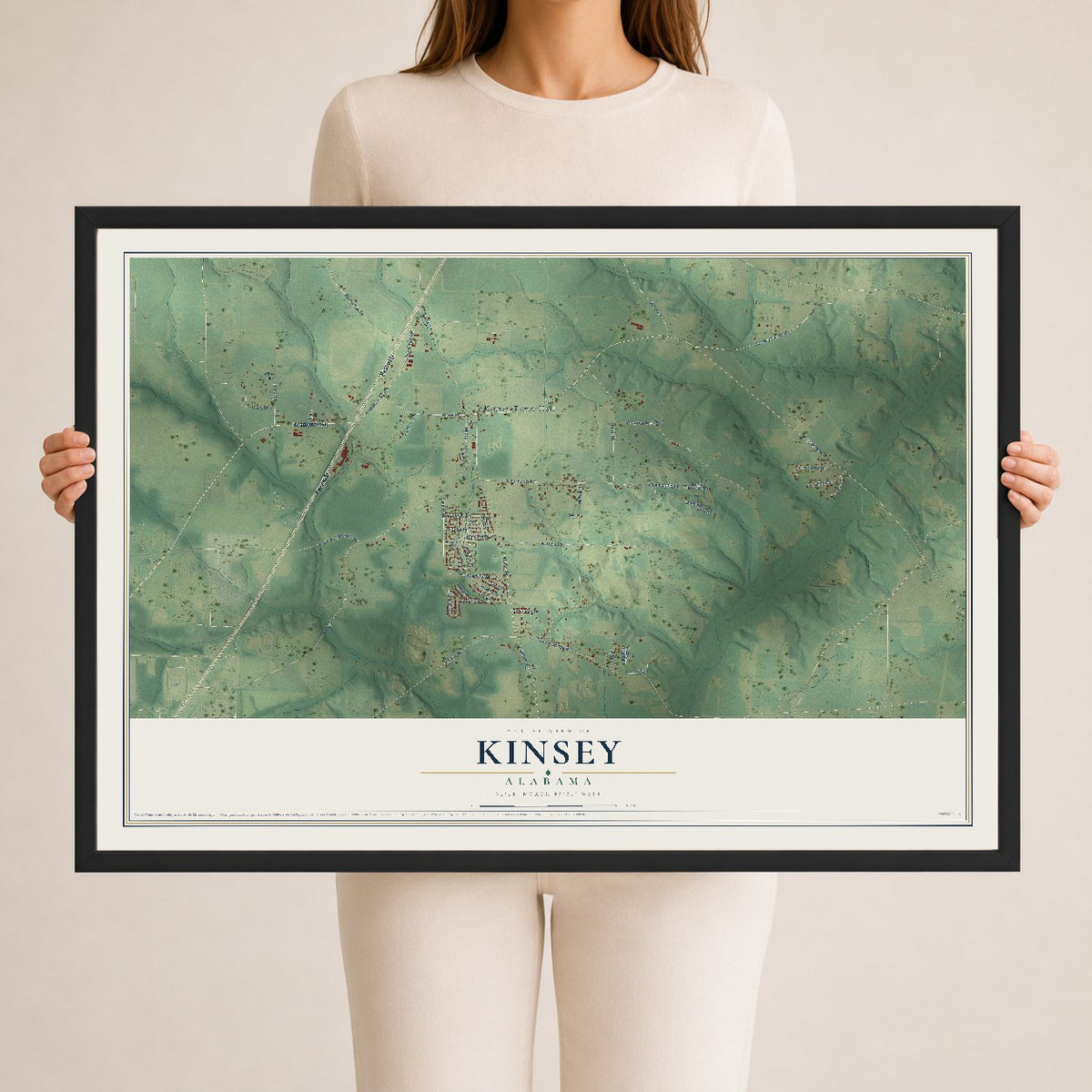Map of Kinsey, Alabama, 24 x 36 inch print in a black wood frame