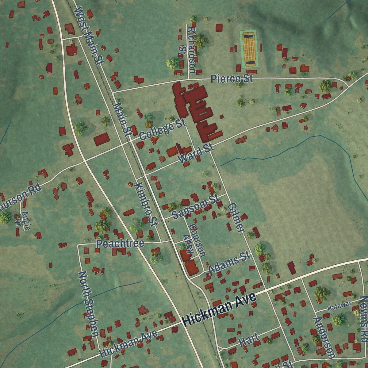 Close-up of the map of Kinston, Alabama print showing street and building detail