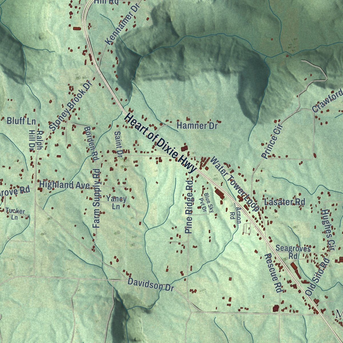 Close-up of the map of Laceys Spring, Alabama print showing street and building detail