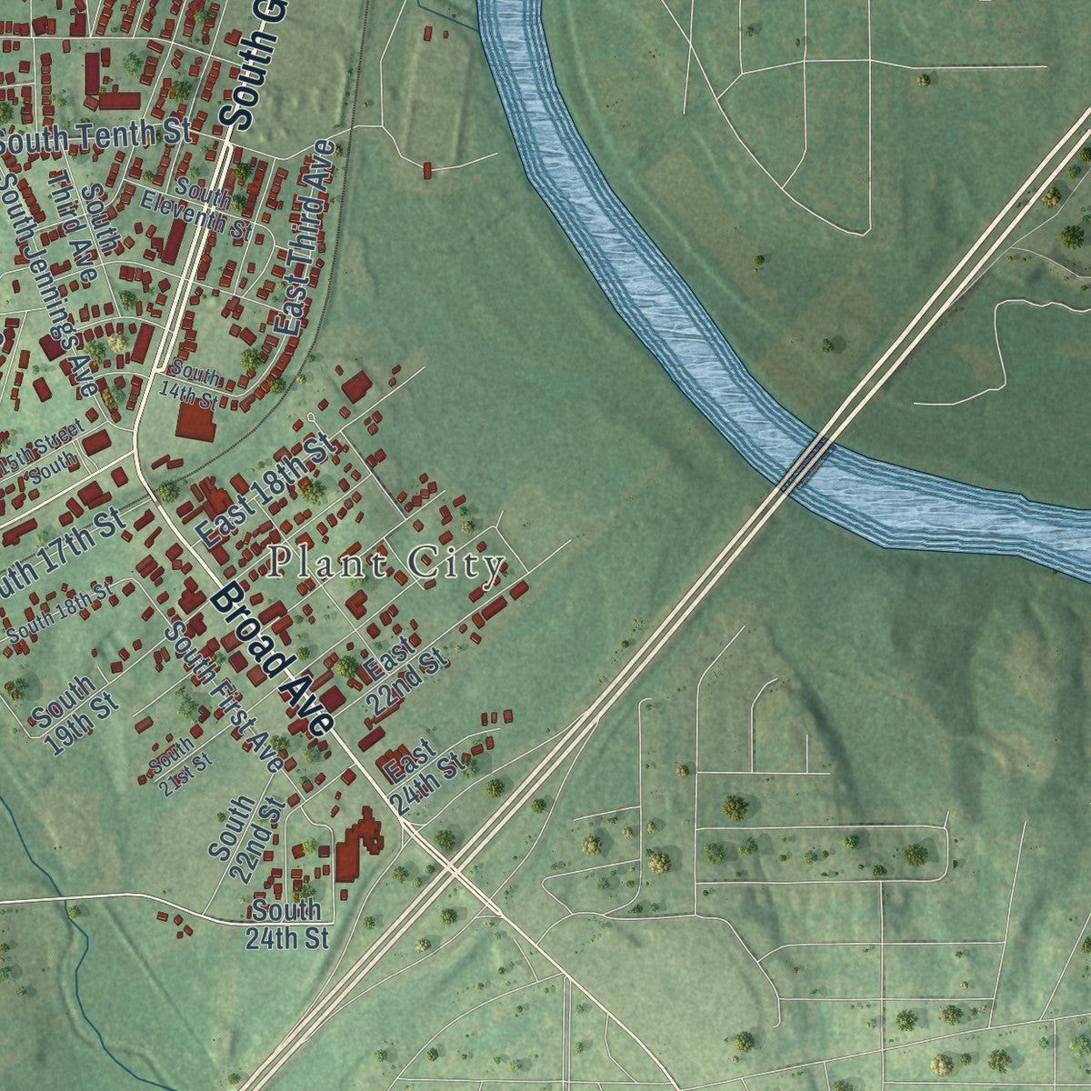 Second close-up of the map of Lanett, Alabama print showing more streets and buildings