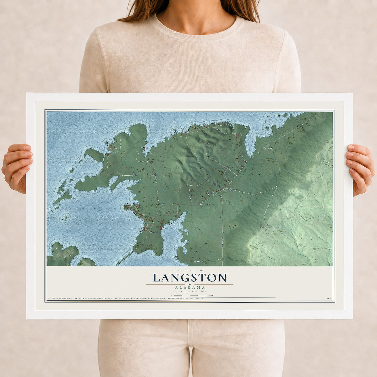 Map of Langston, Alabama, 12 x 18 inch print in a white wood frame