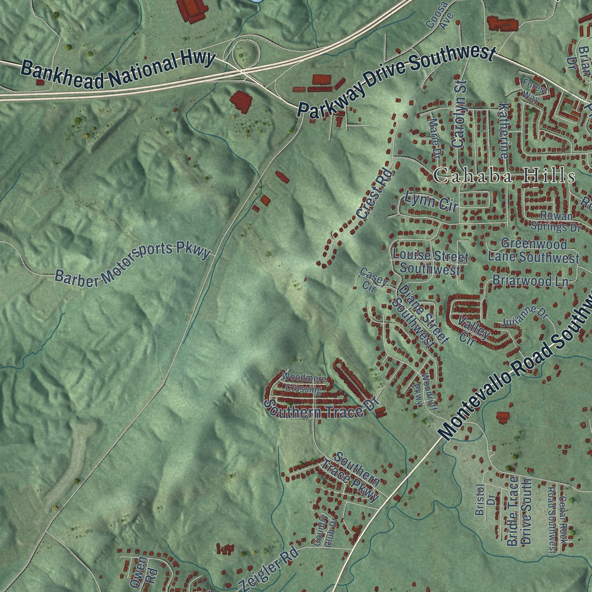 Second close-up of the map of Leeds, Alabama print showing more streets and buildings