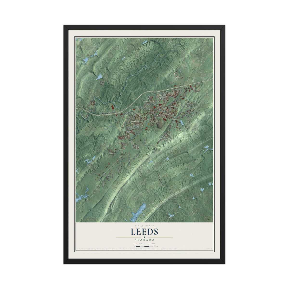 Map of Leeds, Alabama, 12 x 18 inch print in a black wood frame