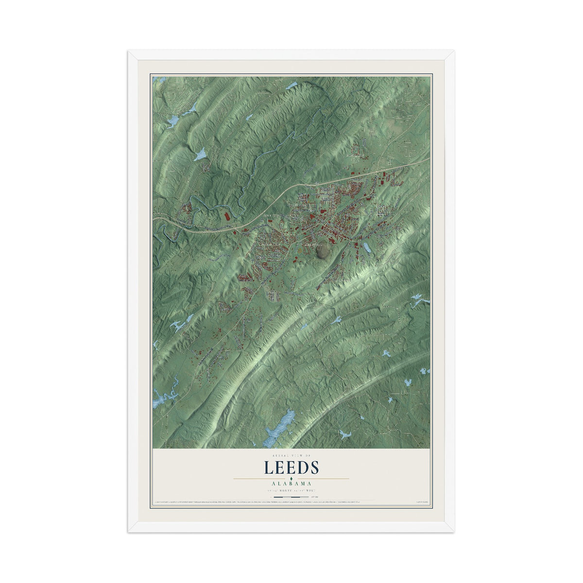 Map of Leeds, Alabama, 12 x 18 inch print in a white wood frame