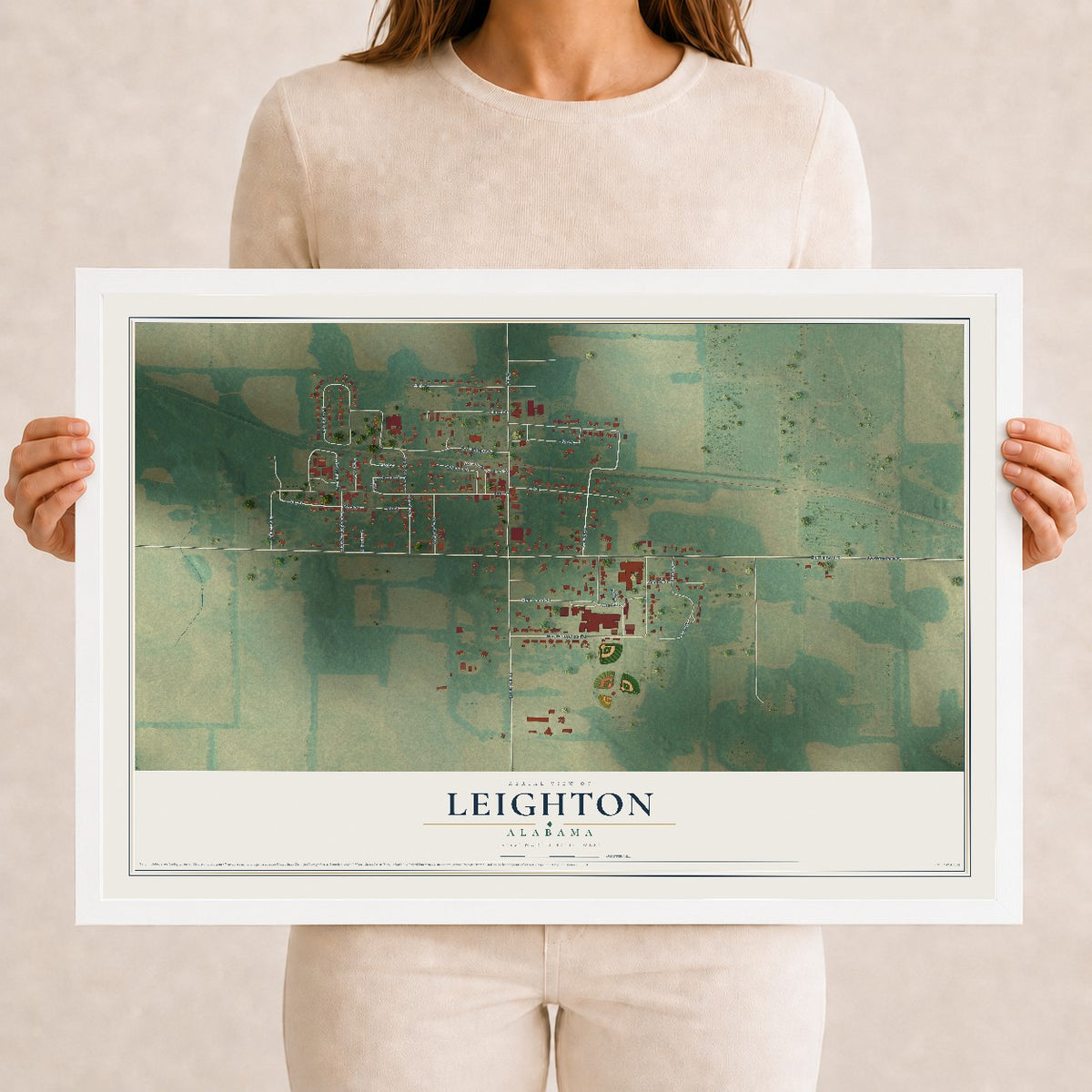 Map of Leighton, Alabama, 12 x 18 inch print in a white wood frame
