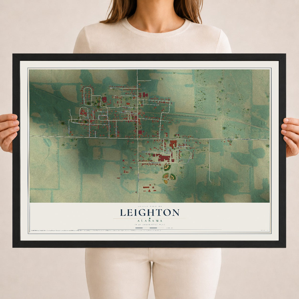 Map of Leighton, Alabama, 18 x 24 inch print in a black wood frame