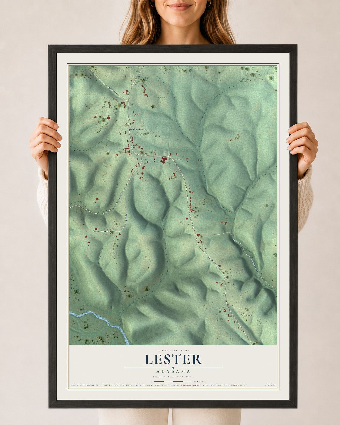 Map of Lester, Alabama, 24 x 36 inch print in a black wood frame