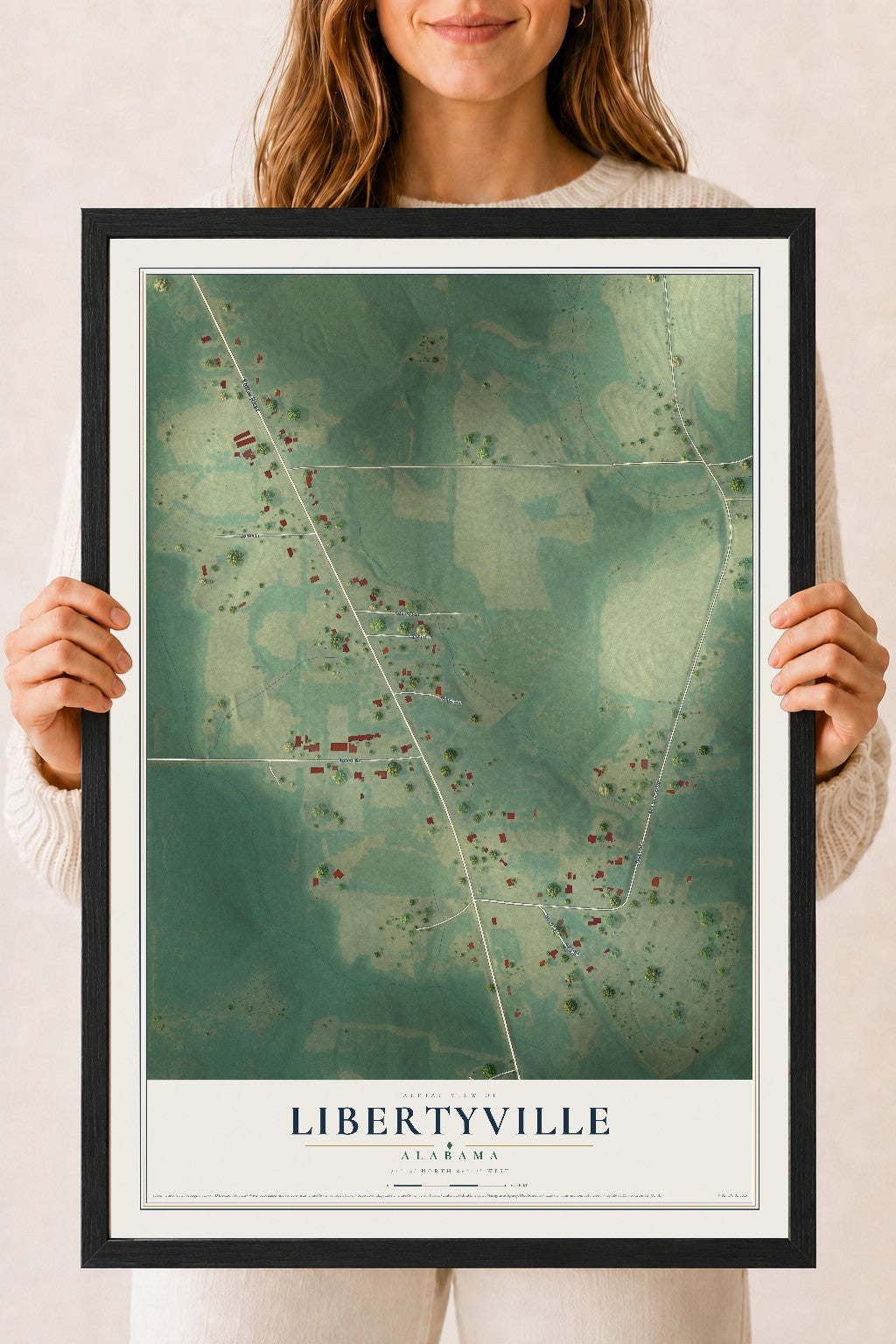 Map of Libertyville, Alabama, 18 x 24 inch print in a black wood frame