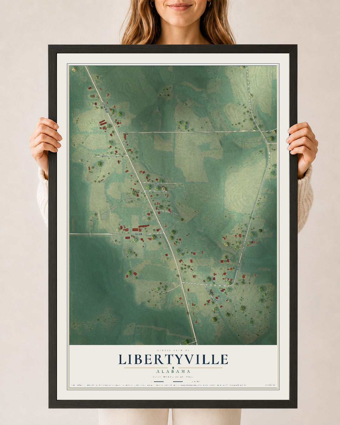 Map of Libertyville, Alabama, 24 x 36 inch print in a black wood frame