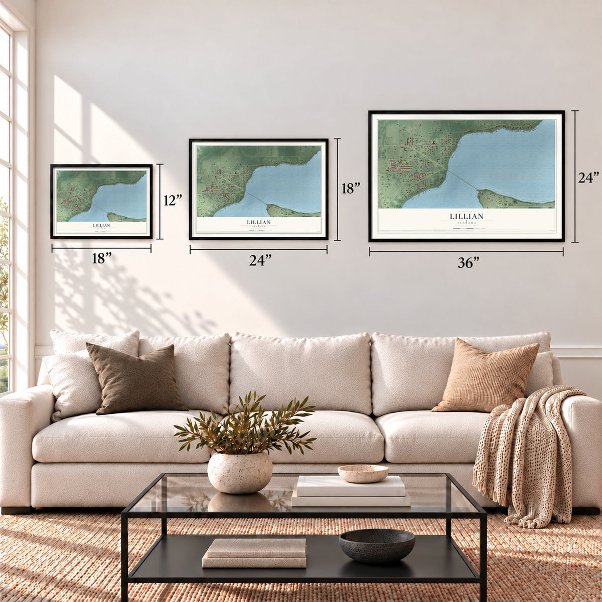 Lillian, Alabama map in 12 x 18, 18 x 24 and 24 x 36 inch sizes above a sofa