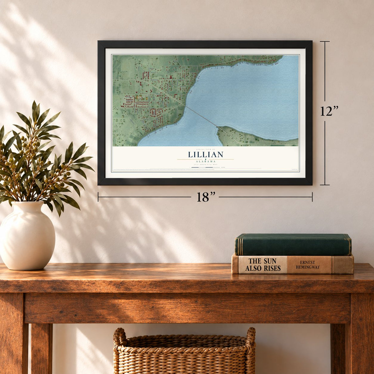 Lillian, Alabama map, 12 x 18 inch print in a black frame in an entryway