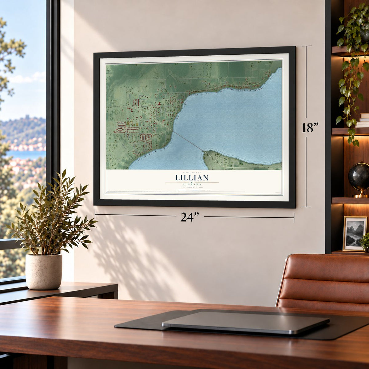 Lillian, Alabama map, 18 x 24 inch print in a black frame in a home office