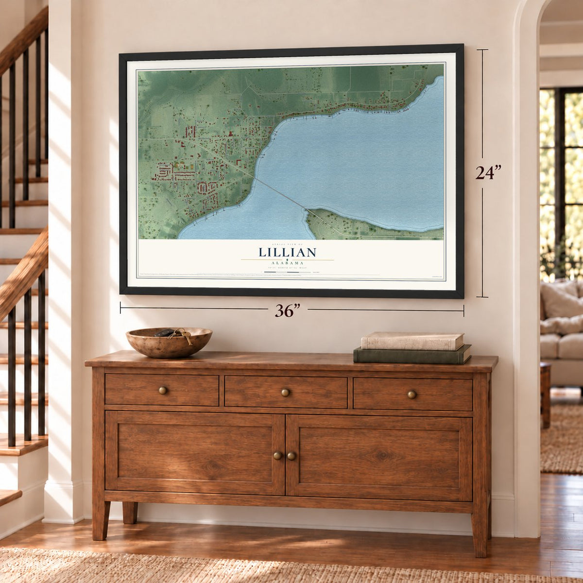 Lillian, Alabama map, 24 x 36 inch print in a black frame above a dresser by a staircase