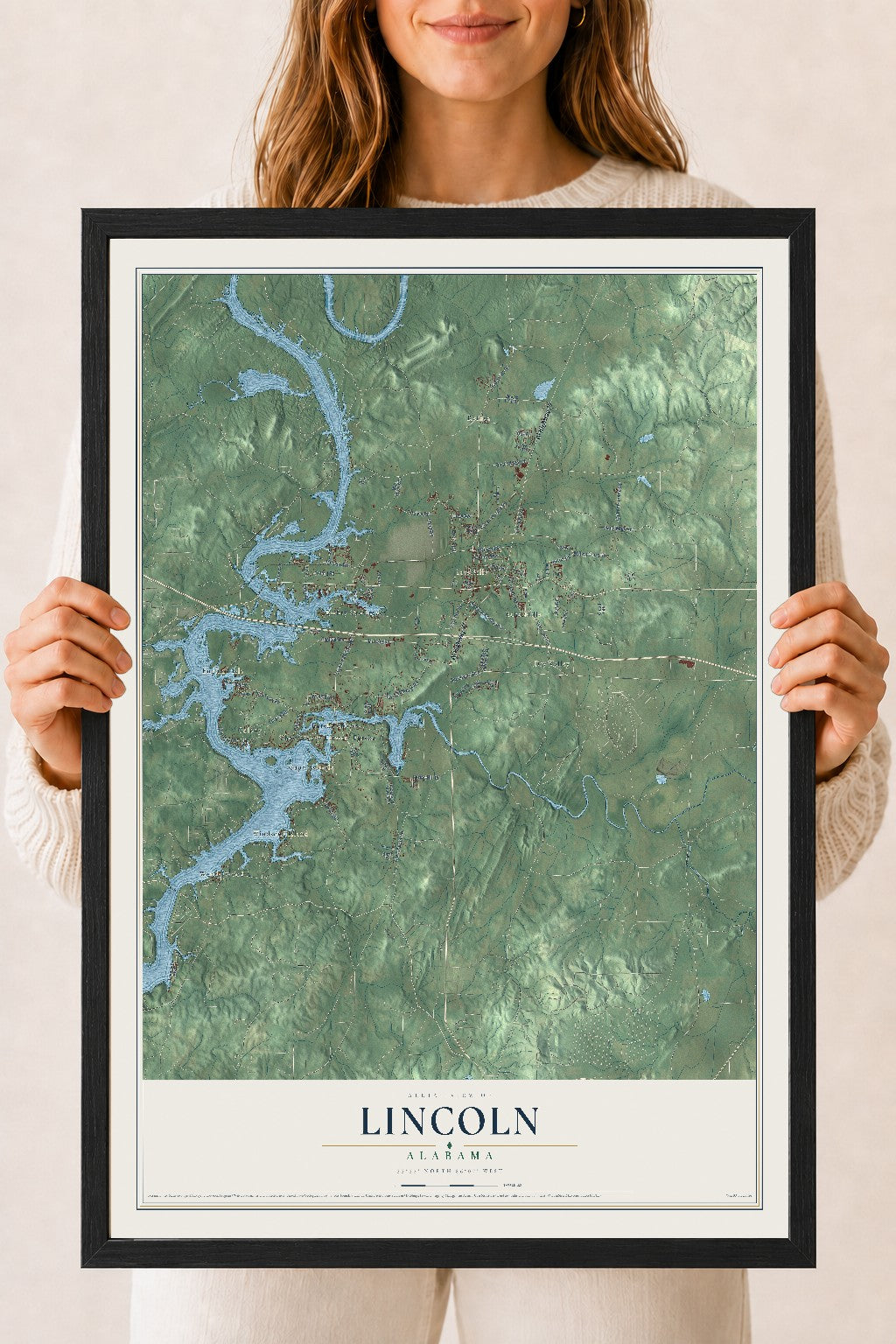 Map of Lincoln, Alabama, 18 x 24 inch print in a black wood frame