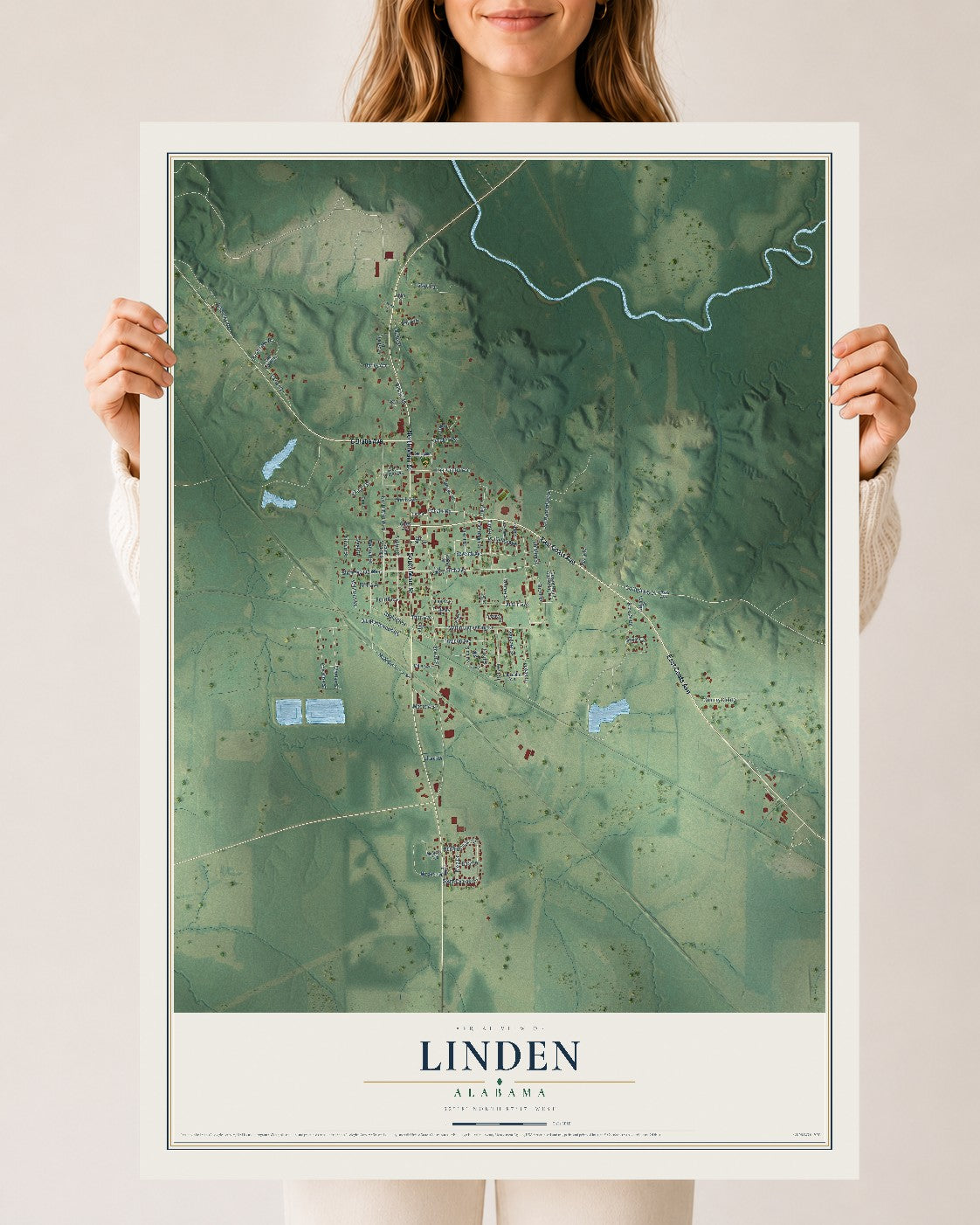 Map of Linden, Alabama, 24 x 36 inch unframed archival matte print