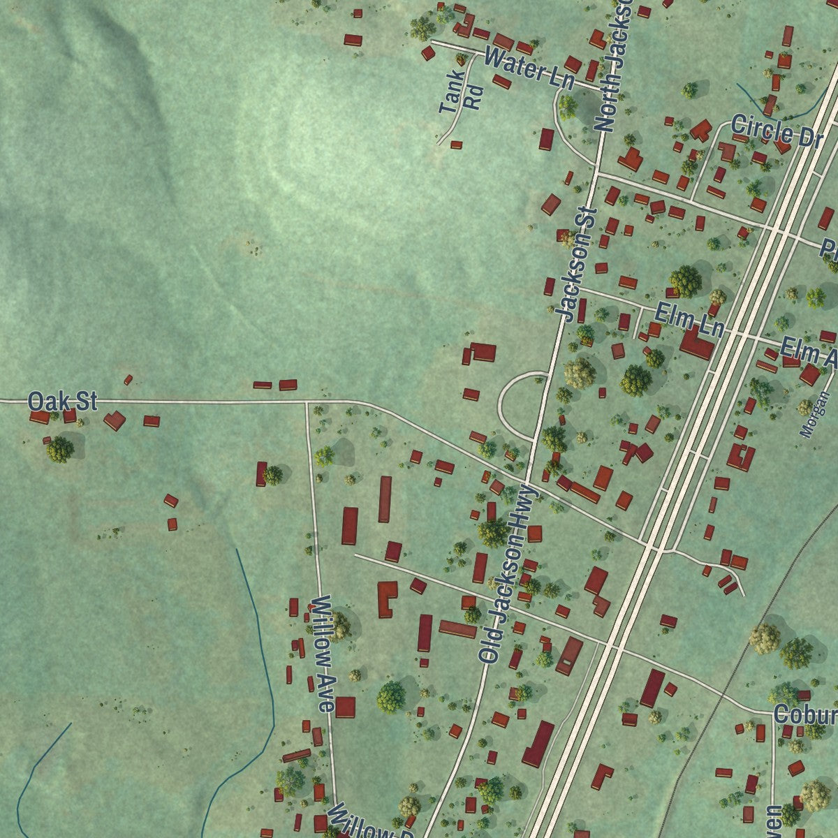 Second close-up of the map of Littleville, Alabama print showing more streets and buildings