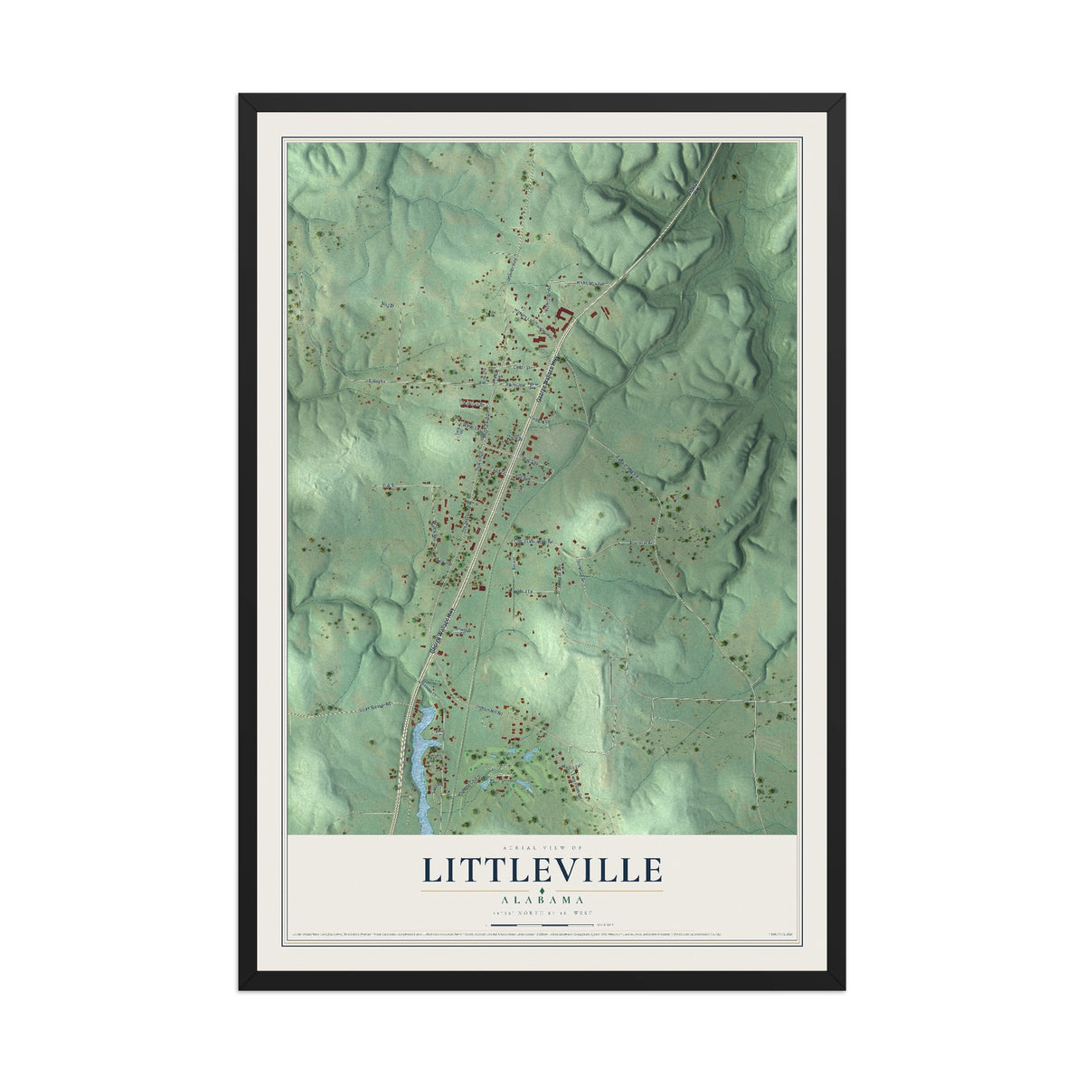 Map of Littleville, Alabama, 12 x 18 inch print in a black wood frame