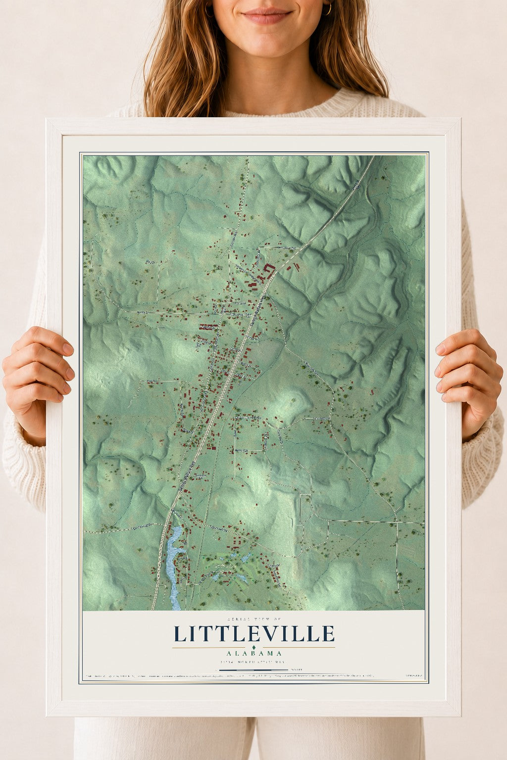 Map of Littleville, Alabama, 18 x 24 inch print in a white wood frame
