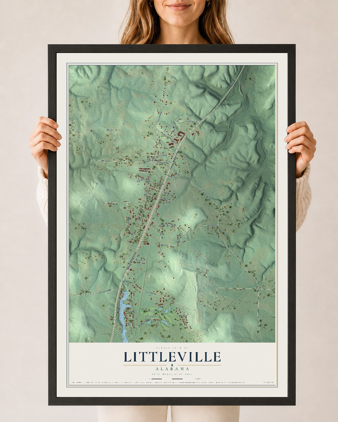 Map of Littleville, Alabama, 24 x 36 inch print in a black wood frame