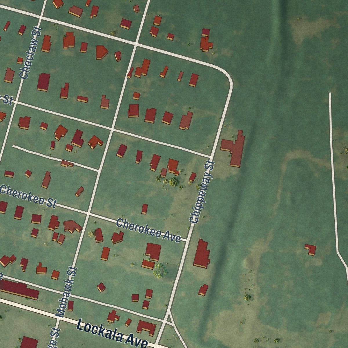 Close-up of the map of Lockhart, Alabama print showing street and building detail