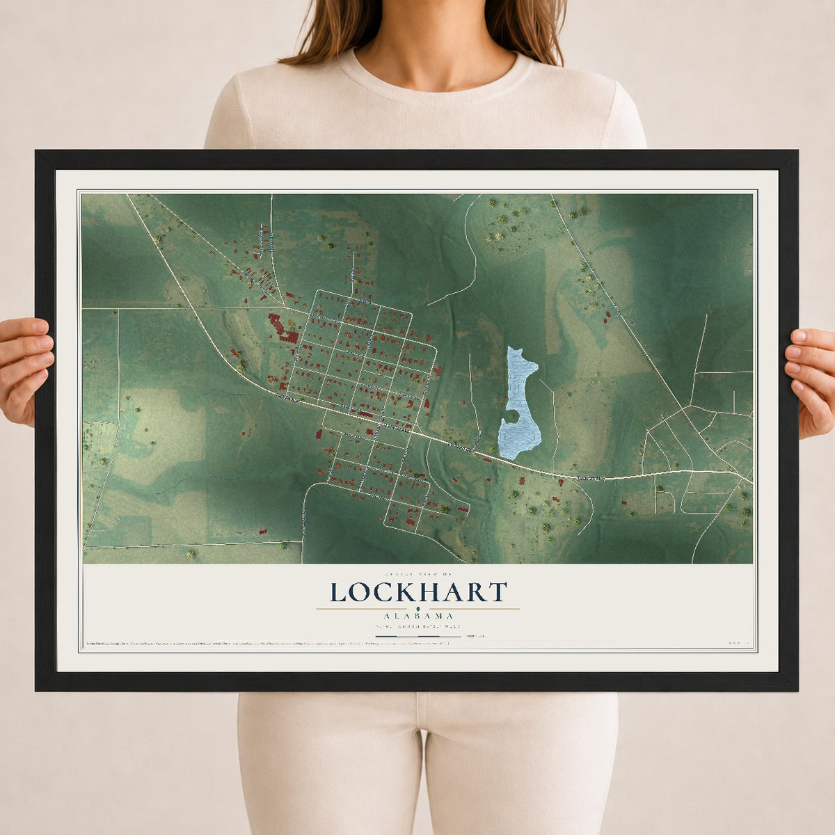 Map of Lockhart, Alabama, 18 x 24 inch print in a black wood frame
