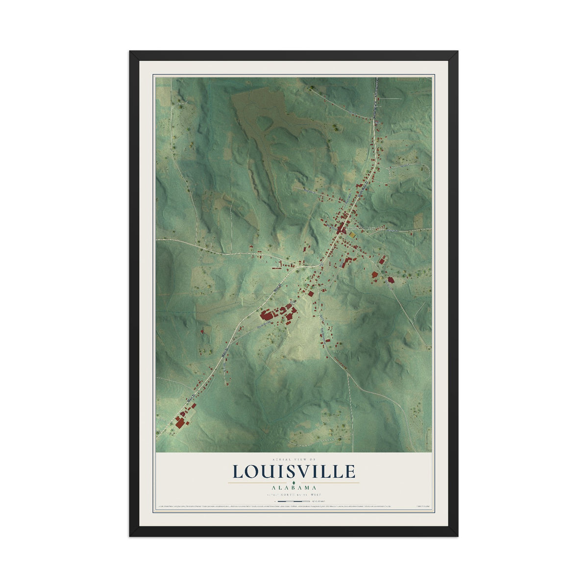 Map of Louisville, Alabama, 12 x 18 inch print in a black wood frame