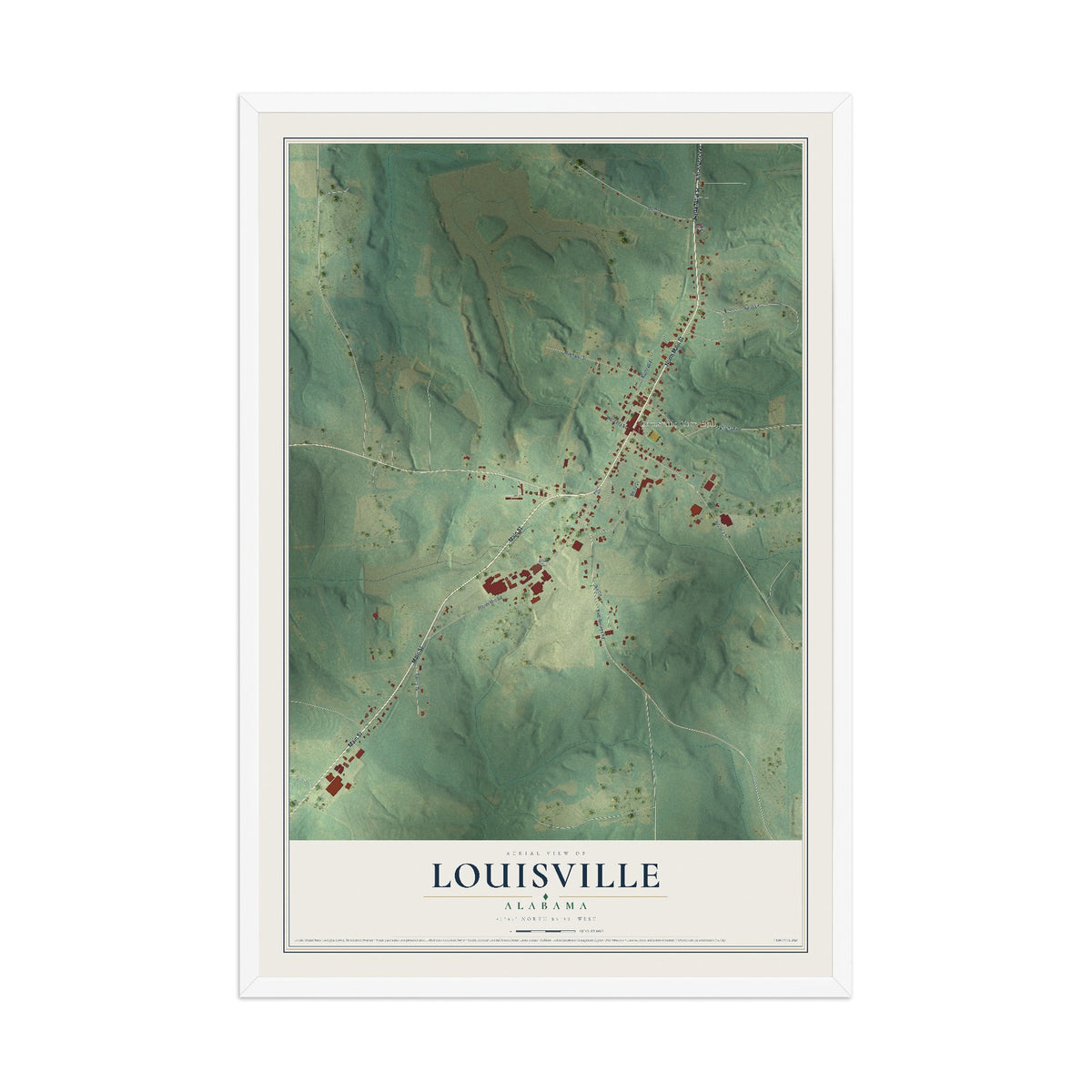 Map of Louisville, Alabama, 12 x 18 inch print in a white wood frame