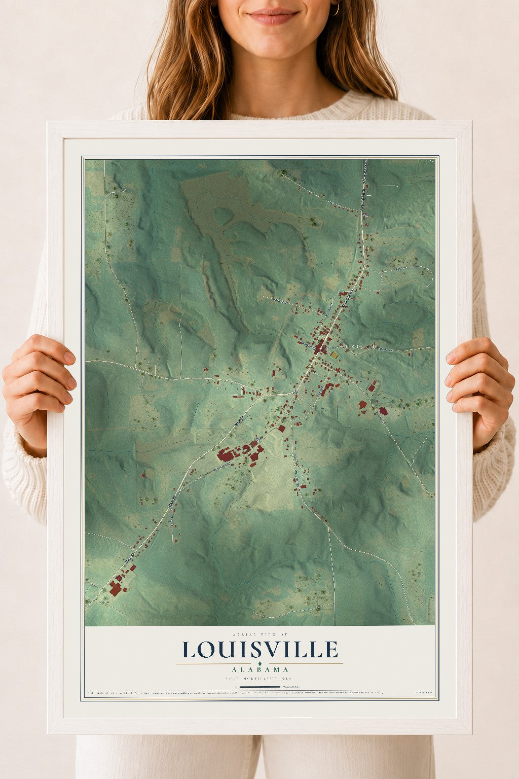 Map of Louisville, Alabama, 18 x 24 inch print in a white wood frame