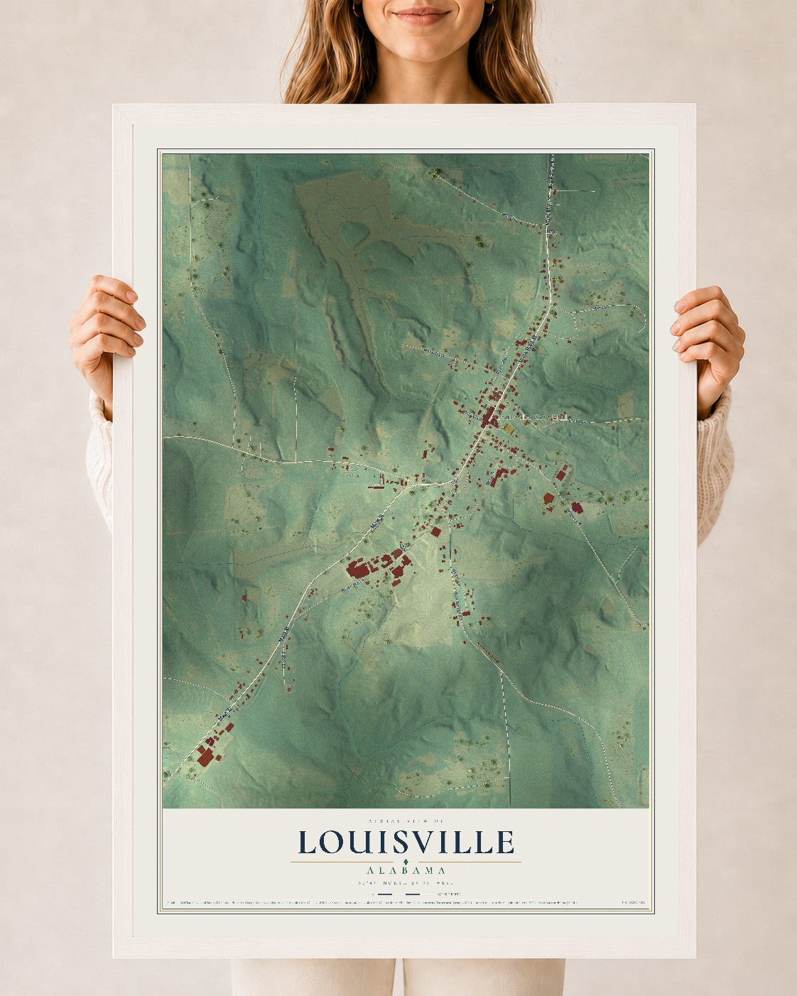 Map of Louisville, Alabama, 24 x 36 inch print in a white wood frame