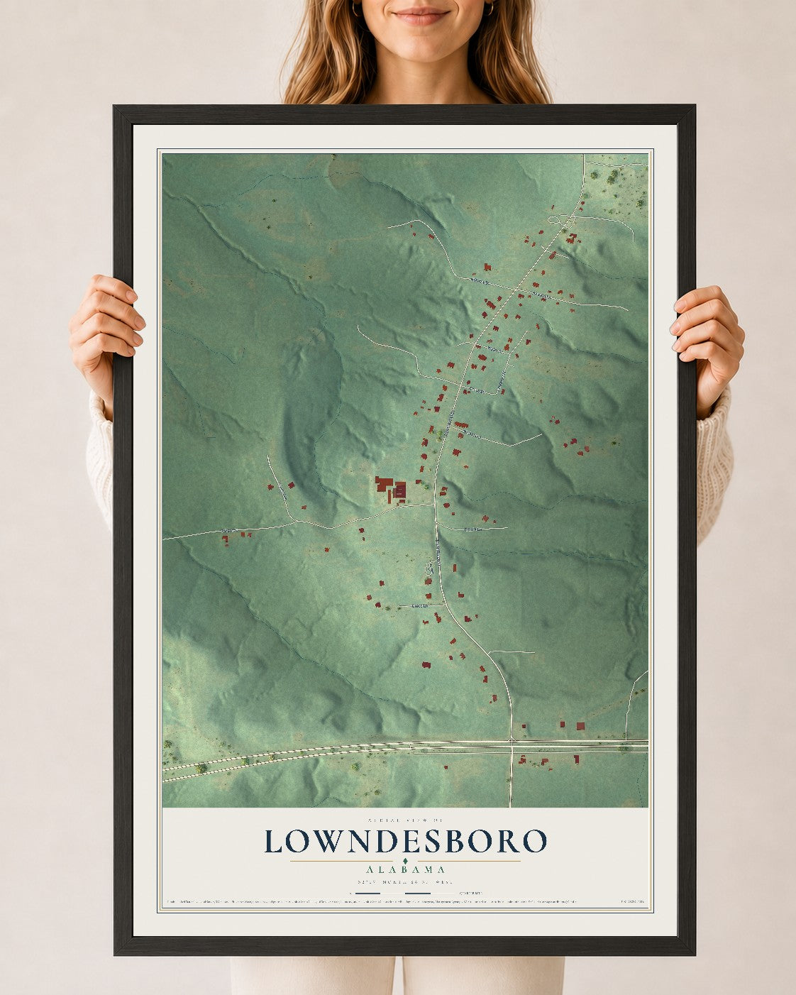 Map of Lowndesboro, Alabama, 24 x 36 inch print in a black wood frame