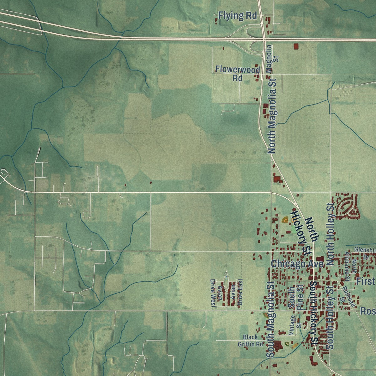 Close-up of the map of Loxley, Alabama print showing street and building detail