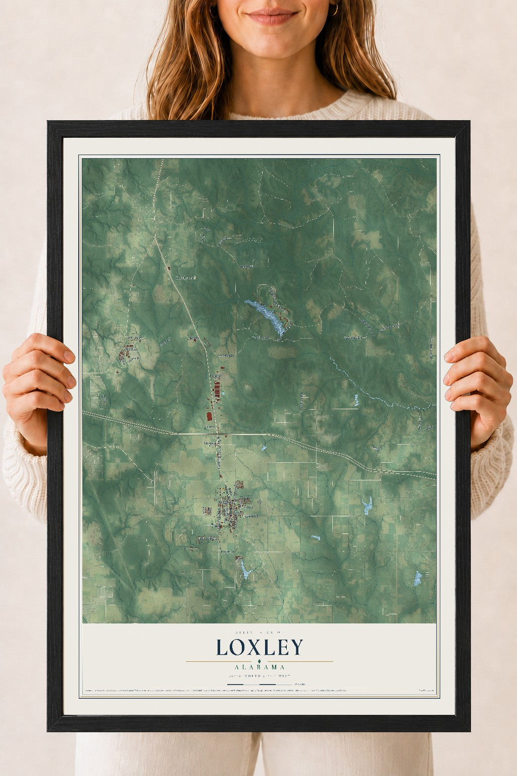 Map of Loxley, Alabama, 18 x 24 inch print in a black wood frame