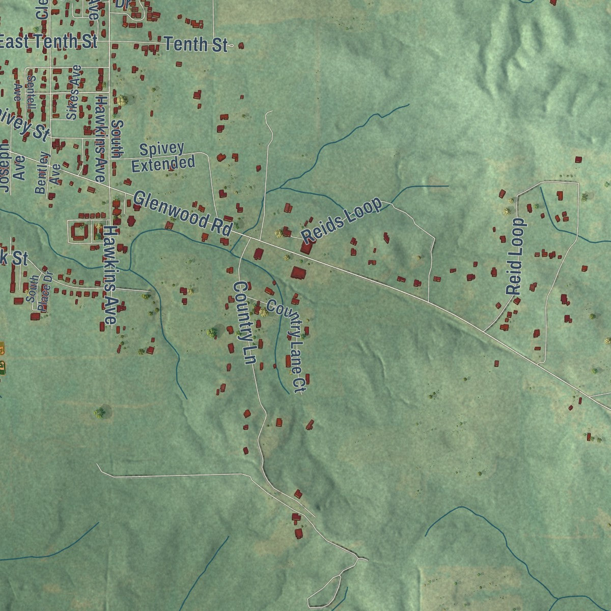 Second close-up of the map of Luverne, Alabama print showing more streets and buildings