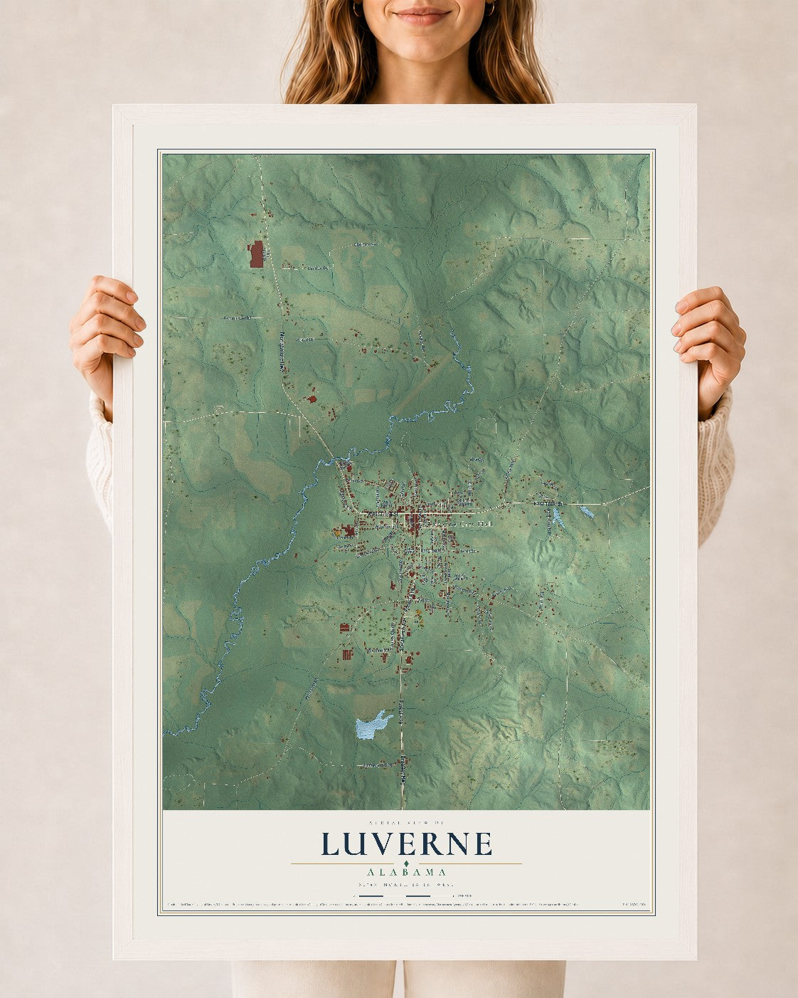 Map of Luverne, Alabama, 24 x 36 inch print in a white wood frame