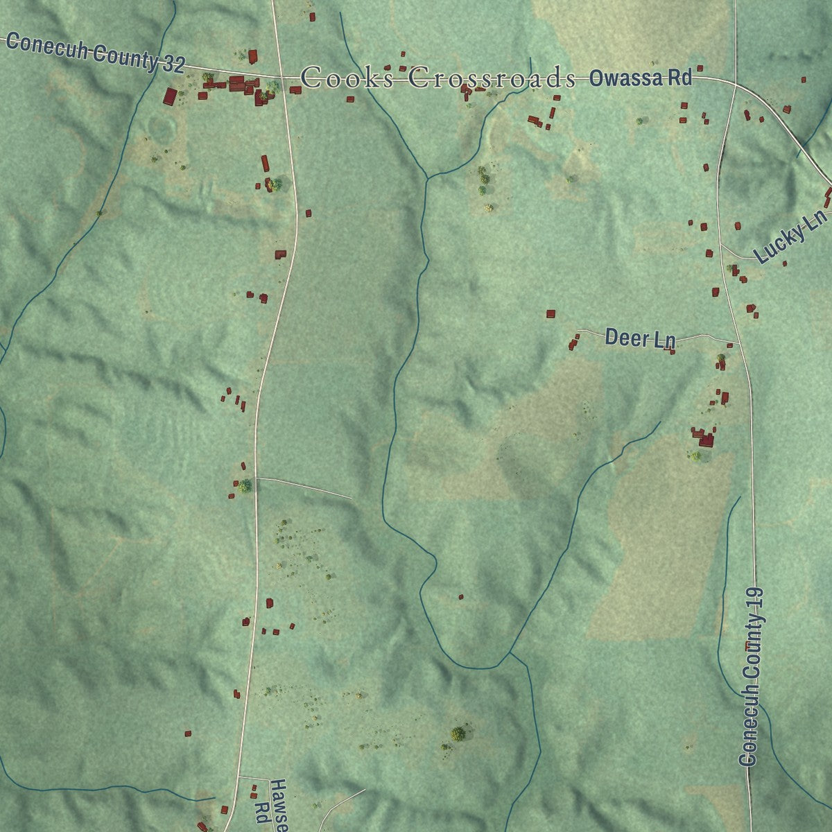 Close-up of the map of Lyeffion, Alabama print showing street and building detail