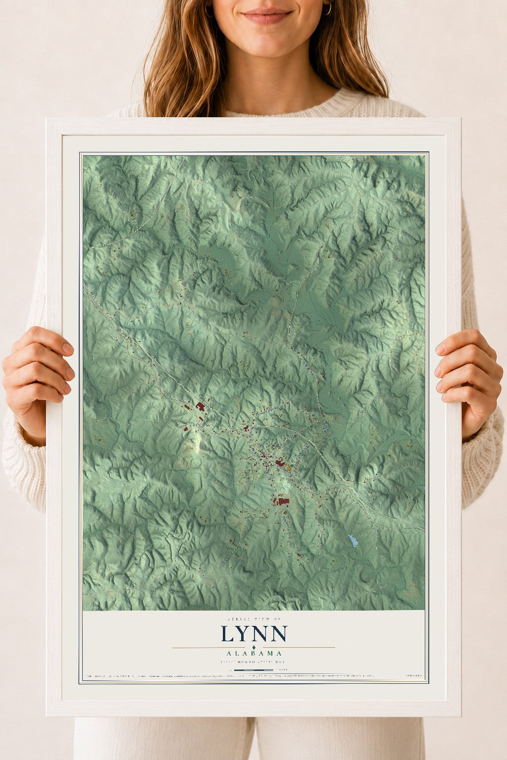Map of Lynn, Alabama, 18 x 24 inch print in a white wood frame