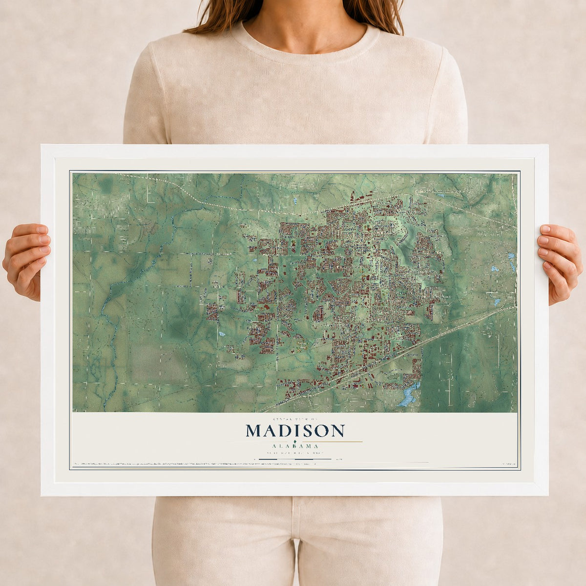 Map of Madison, Alabama, 12 x 18 inch print in a white wood frame