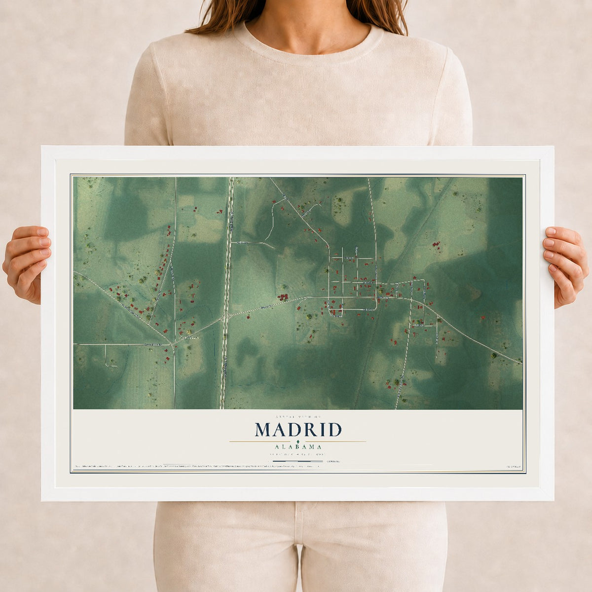 Map of Madrid, Alabama, 12 x 18 inch print in a white wood frame