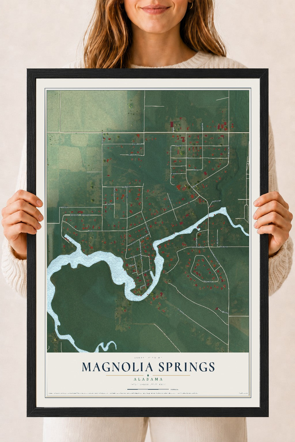 Map of Magnolia Springs, Alabama, 18 x 24 inch print in a black wood frame