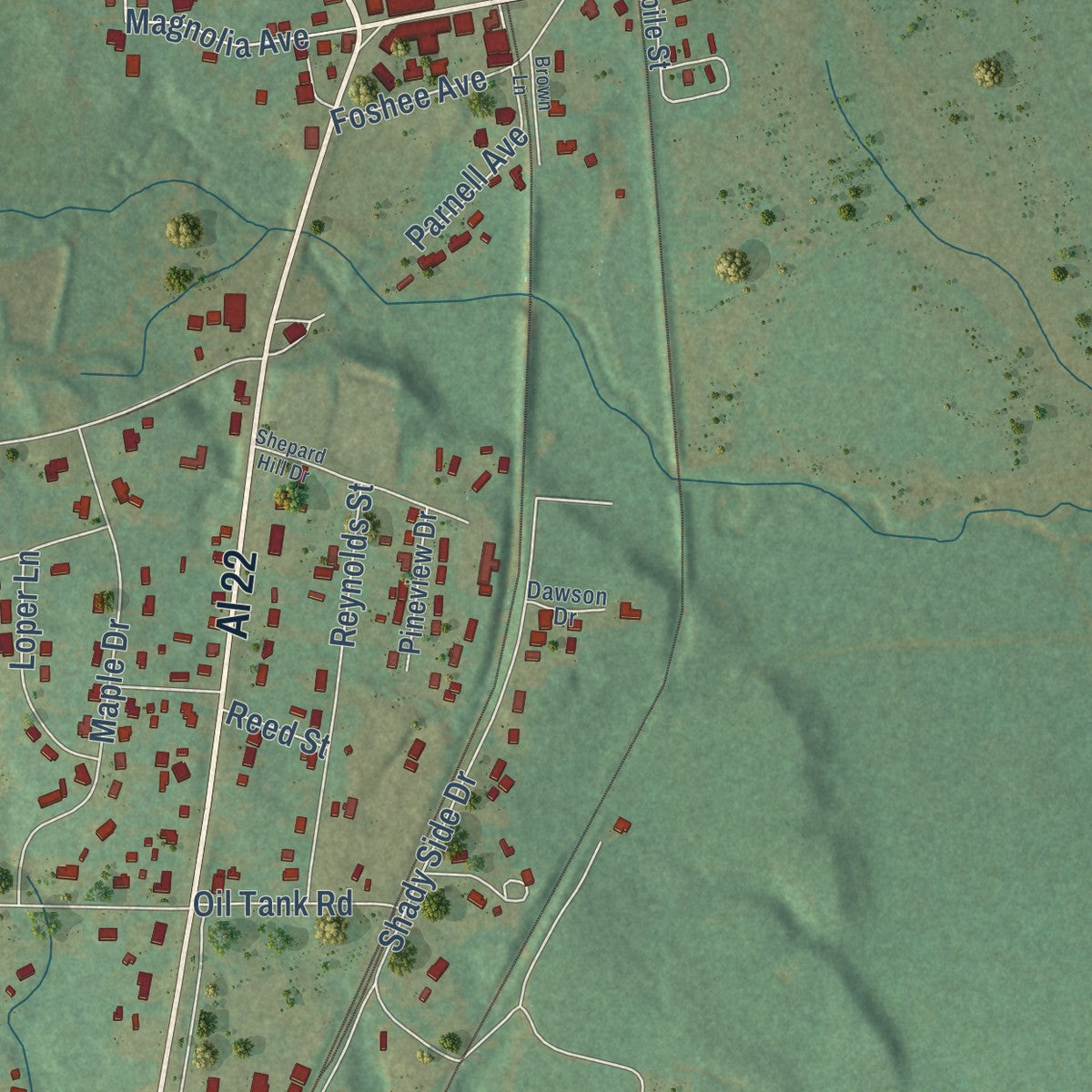 Close-up of the map of Maplesville, Alabama print showing street and building detail