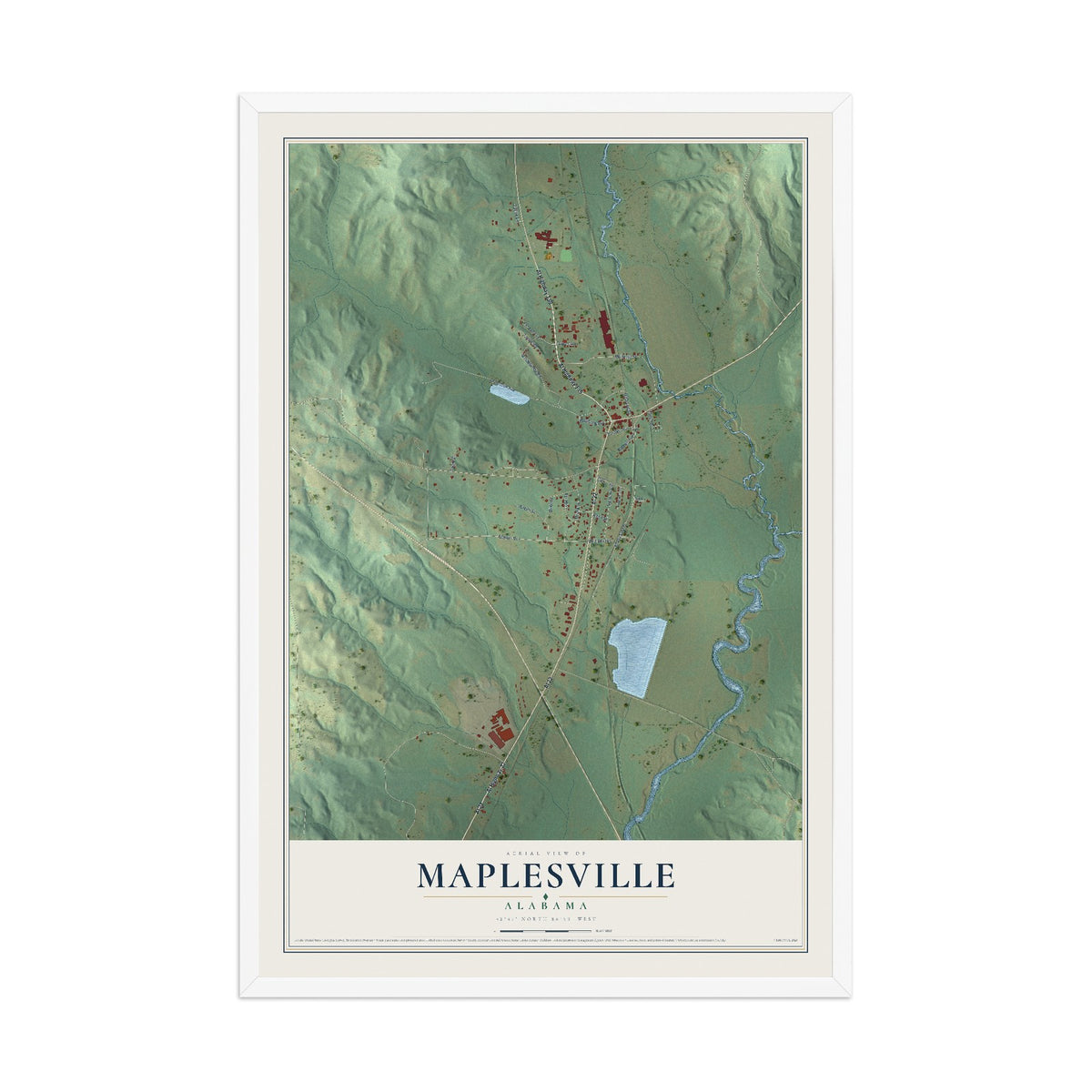 Map of Maplesville, Alabama, 12 x 18 inch print in a white wood frame