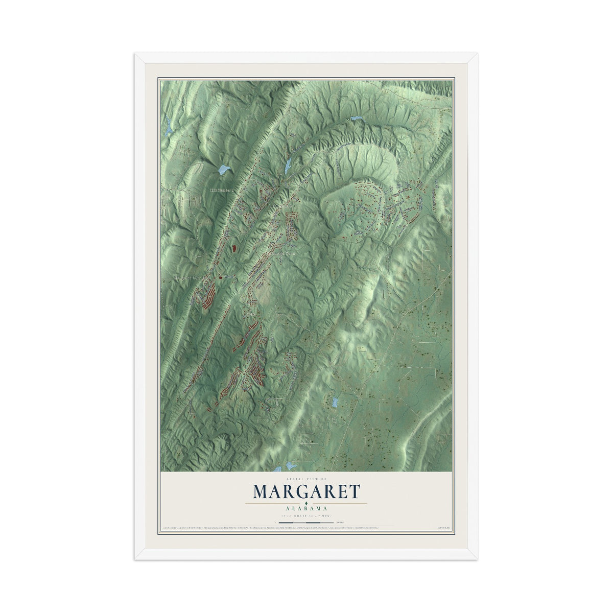 Map of Margaret, Alabama, 12 x 18 inch print in a white wood frame