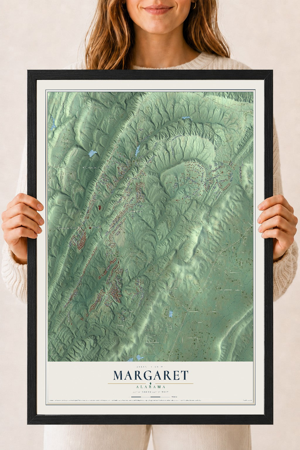 Map of Margaret, Alabama, 18 x 24 inch print in a black wood frame