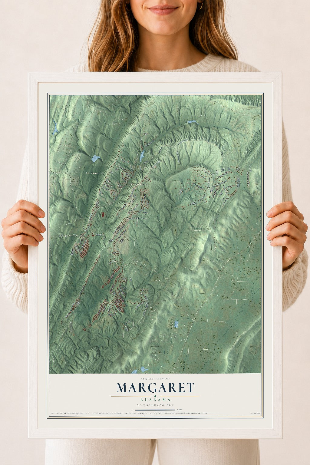 Map of Margaret, Alabama, 18 x 24 inch print in a white wood frame